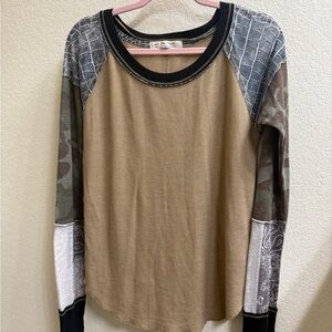 We The Free “Free People” Patchwork Long Sleeve Top Size L